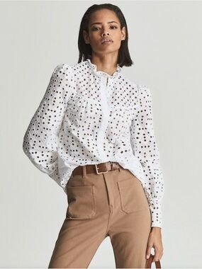 Reiss White Yasmin Embroidered Blouse Size 4